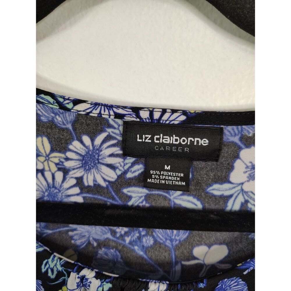 Liz Claiborne Floral Blouse Medium Black Blue Bell Sleeve Tie Career Top - Picture 5 of 5